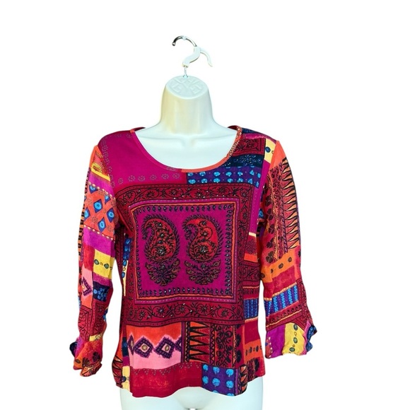 Vintage Nostalgia Women’s Colorful Patchwork Paisley Embellished Blouse Small - Picture 2 of 8